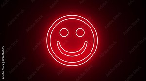 Glowing red neon smile face emoticon symbol blinking animation. Happy emoji facial expression icon loop motion graphics video with alpha channel. Abstract positive emotion sign animation
