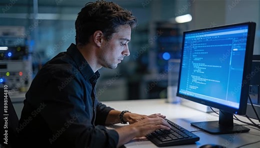 Software developer programmer coding on computer monitor and keyboard in technology office, focused man typing at night, blue screen script, cybersecurity workflow, modern data center video creation