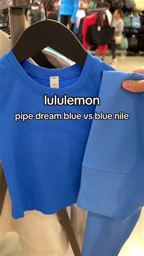 Lululemon Color comparison of pipe dream blue vs blue nile! Pipe dream blue looks way more vibrant and darker than blue nile when side by side. Let me know which blue is your pick! #lululemon #lululemoncreator #lululemoncolorcomparison #lululemoncolors #bluenilelululemon #lululemonpipedream #lululemonbluenile @lululemon