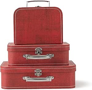 SLPR Cardboard Suitcase Boxes with Handle (Set of 3, Distressed Red) | Paperboard Boxes with Lids for Wedding Decoration Birthday Parties