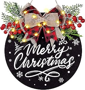 Door Sign for Christmas Decorations, Lighted Christmas Wreaths for Front Door, Farmhouse Wooden Hanging Merry Christmas Sign with 30 LED Lights for Indoor Outdoor Porch Wall Window Decor