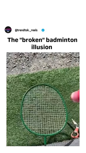 trending Entertainment 💫 on Instagram: "This viral 23-second clip is a game-changer for sports content, featuring a badminton racket with a red triangle painted onto its strings and then strategically cut out. When swung against the backdrop of green grass, the "broken" net creates a stunning optical illusion of distorted motion, prompting the viral Japanese query: “Am I the only one whose eyes are going weird?” With nearly 1 million views in a single day, the video highlights how sports equipm