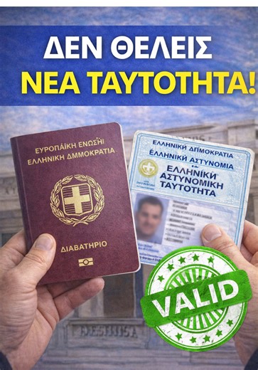 📢 ΕΠΙΤΕΛΟΥΣ ΞΕΚΑΘΑΡΑ! 👉 ΔΕΝ ΧΡΕΙΑΖΕΤΑΙ ΝΑ ΑΛΛΑΞΕΙΣ ΤΑΥΤΟΤΗΤΑ ΓΙΑ ΝΑ ΠΑΡΕΙΣ ΔΙΑΒΑΤΗΡΙΟ. Με απόφαση του Δ’ Τμήματος του Συμβουλίου της Επικρατείας έγινε δεκτή η αίτηση αναστολής που αφορά την έκδοση νέου τύπου ταυτότητας. Η παλιά ταυτότητα ισχύει κανονικά – είναι δημόσιο έγγραφο χωρίς ημερομηνία λήξης. ⚠️ Μην αφήσεις κανέναν να σε μπερδέψει – το διαβατήριο εκδίδεται με την παλιά ταυτότητα. ❌ Δεν απαιτείται αντικατάσταση. ⚖️ Οποιαδήποτε άλλη απαίτηση είναι εκτός νομικού πλαισίου. ✅ ΔΕΣ ΤΟ ΒΙΝΤΕΟ 