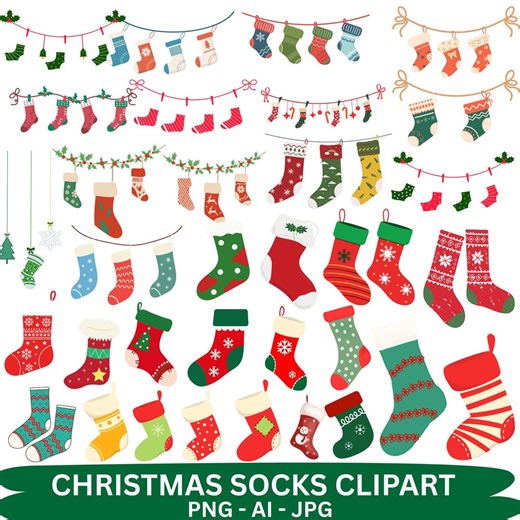 Watercolor Christmas Socks SVG Bundle: Xmas Stockings, Digital Files (AI, EPS)