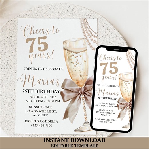 75th Birthday Invitation Template, Cheers to 75 Invitation, 75th Birthday Champagne Invitation, Seventy Five Birthday, Printable & Digital - Etsy