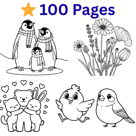 100 Coloring Pages Bundle PDF Included | Printable Coloring Book | Black Line Art | Kids & Adults Coloring Pages | Instant Download