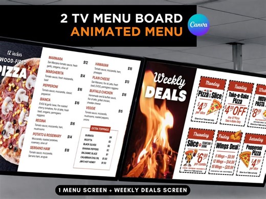 Pizza TV Menu Board – 2 Screens Animated | Weekly Deals | Canva Editable (16:9) - Etsy