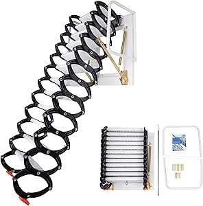 Folding Attic Ladder Pull Down System, 12-Step Wall-Mounted Loft Ladder, 880lbs Load Capacity, 10ft Al-Mg Alloy Retractable Attic Stairs for Indoor/Outdoor Use (Black)
