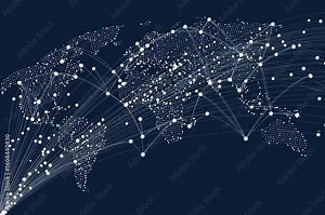 A singular line grows in size to indicate it is actively sending data. This larger line branches out in multiple directions as it cascades across the continents. Generative AI