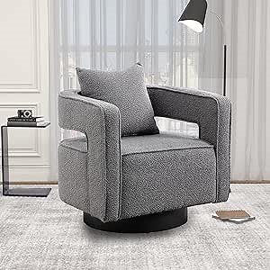 Swivel Barrel Chair | Modern Teddy Round Swivel Boucle Chairs with Pillow | 360 Degree Comfy Accent Open Back Chair Single Chair Armchair for Living Room Bedroom(Gray)