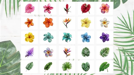 Tropical Flowers and Leaves Clipart | 25 PNGs | Instant Download | Luau Clipart | Tropical Clipart | Summer Clipart | Digital Download