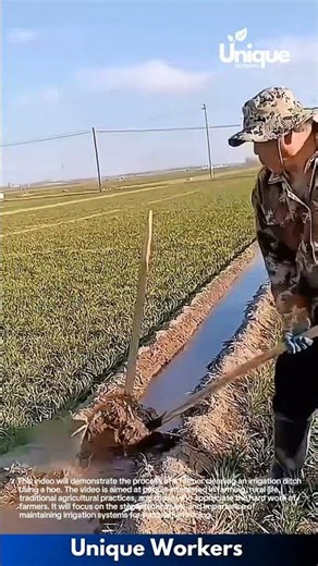 Irrigation Maintenance: Farmer Clears Ditch Using a Hoe in Open Field