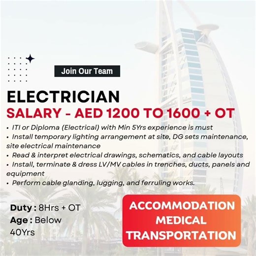 Urgent Electrician Jobs in Dubai 🇦🇪 | Salary AED 1200–1600 + OT | Apply Now.