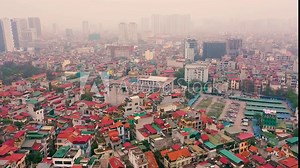 HANOI, VIETNAM - APRIL, 2020: Aerial panorama view of the roofs of houses of one of the districts of the city of Hanoi.