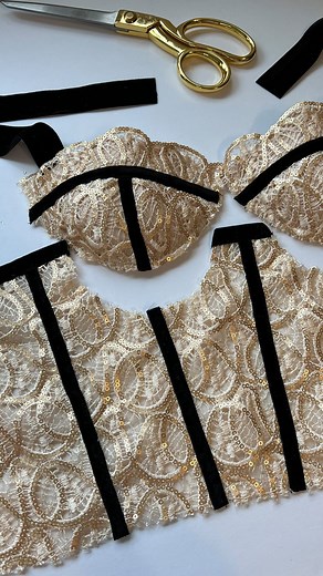 Jess on Instagram: "I love experimenting with different sewing methods ✨ Sewing of the polylaminate foam cup is inspired by @daria_patternmaking and the pattern is also her creation the #RoseCafeBustier After cutting out the cup pieces I always check them against the paper pattern piece to make sure the size is right. Cups are sewn right sides together and topstitched the seam allowance down. The gorgeous lace sequin fabric was kindly sent to me from @zelouffabrics I absolutely loved working wit