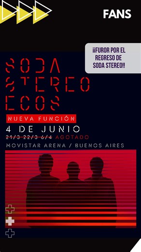 SODA STEREO – ECOS ✨ La vuelta más esperada se convirtió en un fenómeno imparable. Tras agotar en tiempo récord las funciones del 21 y 22 de marzo y el 6 de abril en el Movistar Arena, @sodastereo suma una nueva fecha: 4 de junio 2026 🎉 ¡Récord absoluto! Tres funciones agotadas en menos de 3 horas y ahora, una oportunidad más para ser parte de este show único. Generaciones que reviven los shows de Soda y otras que nunca los vieron, todas están presentes 💫 Hoy Soda Stereo es furor y la historia