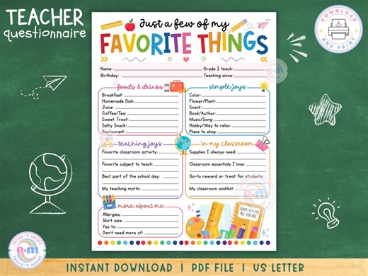 Teacher Favorite Things Questionnaire, Printable Teacher Survey Template, All About My Teacher Favorites List, Teacher Appreciation Gift PDF - Etsy