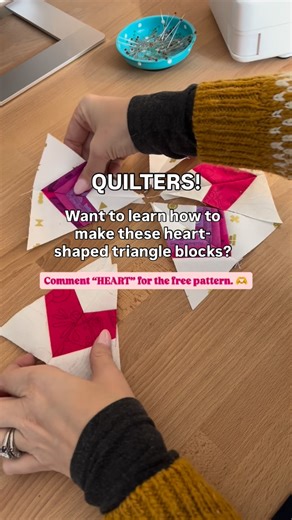 Rebecca Bryan | Quilting Teacher & Author on Instagram: "WARNING: This might steal your heart. 🤭 I made this cutie-patootie, heart-shaped modern triangle as a little love note to quilters who want to try something new without committing to a whole quilt. It’s fast, playful, and stash-friendly. It’s designed to give you that magical “TA-DA!” moment almost immediately. ✨ This free pattern is your invitation to: 💕 Play with modern triangles 💕 Use what you already have in your stash 💕 Create som