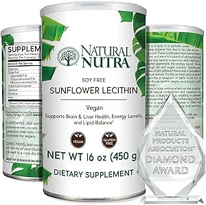 Natural Nutra Sunflower Lecithin Powder, Soy Free with Inositol, Supports Cognitive, Improves Liver Health, Omega 3-6 and Choline, Promote Cardiovascular Health, Safe on Pets, 16 oz Vegan Supplement