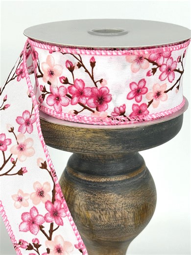 Pink Cherry Blossom Wired Ribbon – Spring Floral Linen Style, 1.5 Inch Light Glitter Accent, Ribbon Sold by the Yard - Etsy