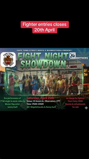 #capetownstreetbeefs #fightclub #investors #ctsb5 #budbrothers Cape Town Street Beefs Fight Club is proud to collaborate with BudBrothers as the official host of our upcoming fight event. This partnership brings together raw talent, community energy, and a shared vision of creating a safe, controlled platform for fighters to showcase their skills. Adding to the energy of the night, Kenny Earll will be performing our very own rap track — marking the official launch of the song and its music video