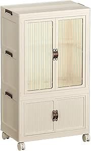 Portable Closet Wardrobe for Hanging Clothes, Folding Stackable Storage Bins with Lid, Wheels Rod Folding Storage Box, 1 Hanging Area, 1 Drawer,Beige