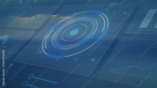 Grid overlay fading in starting panel animating rings rotating arcs pulsing illustrating data