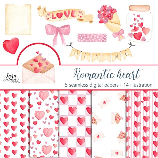 Valentine's Day Printable Set, Clipart and Seamless Digital Paper, Romantic Background, JPG Patterns and PNG Illustration - Etsy
