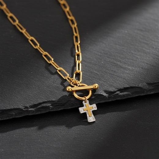 Two-tone Cross Necklace | Paperclip Chain Pendant | Unisex Religious Jewelry - Etsy