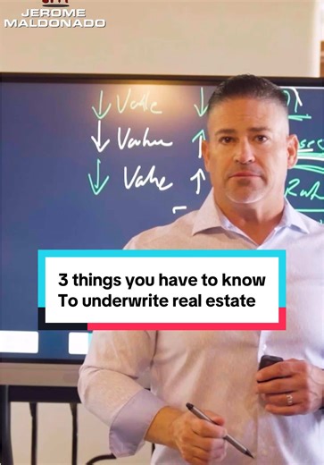 3 Things you HAVE to know to underwrite real estate… 1. NOI - net operating income is how much money you have left after expenses. 2. Expenses - how much does it cost to maintain the property including the debt on the property. 3. Cap Rate - this is the % you make. Lower expenses = higher value. Lower cap rate = higher value. Lower NOI = lower value. I put together a full training on how to find and value deals, both for single family and multifamily deals. (Link in bio) http://eliterealestateso