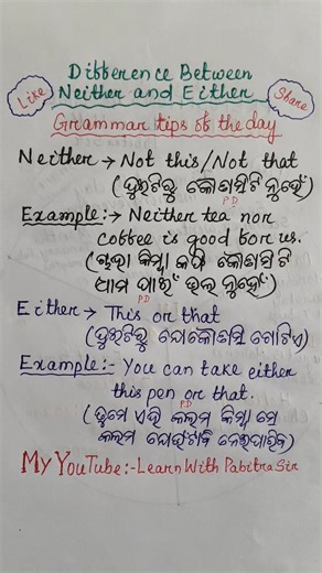 1.1K views · 20 reactions | ✨ Neither vs Either – Learn the Difference Easily!  Neither means not this and not that (used for two negative choices).  Either means one of the two (used for a positive or possible choice).  Examples: ✔ Neither of the books is interesting. ✔ You can choose either option.  Master simple grammar, speak with confidence! #EnglishLearning #GrammarTips #NeitherVsEither | Puspa's Learning Hub | Facebook