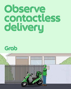 For our riders' and eaters' health and safety, here's a friendly reminder to observe contactless delivery! Tag us on how you observe social distancing during deliveries! 💚 #FlattenTheCurve | GrabFood PH