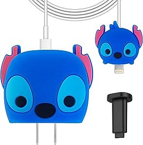 AIBEAMER Cute Stich Case for iPhone 20W USB-C Power Adapter Charger, 3D Kawaii Cartoon Fashion Soft Silicone Fast Chargers Block Protective Cover with Removal Kit (Blue)
