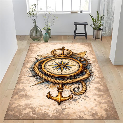 Nautical Compass Rug: Gold Blue Anchor Rope Design, Maritime Navigation Theme Artistic Decor - Etsy