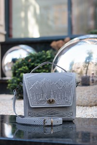 Embossed Leather Briefcase: Grey Shoulder Bag With Ornament - Etsy