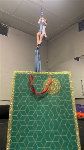 Our Aerial Arts program builds strength, confidence, and the courage to climb — and apparently, the courage to leap straight into a Christmas gift bag without hesitation. 🎄🎁 Come see what our aerial arts program is all about. www.inspirationsdancestudio.com | Inspirations Dance & Gymnastics Studio Athens