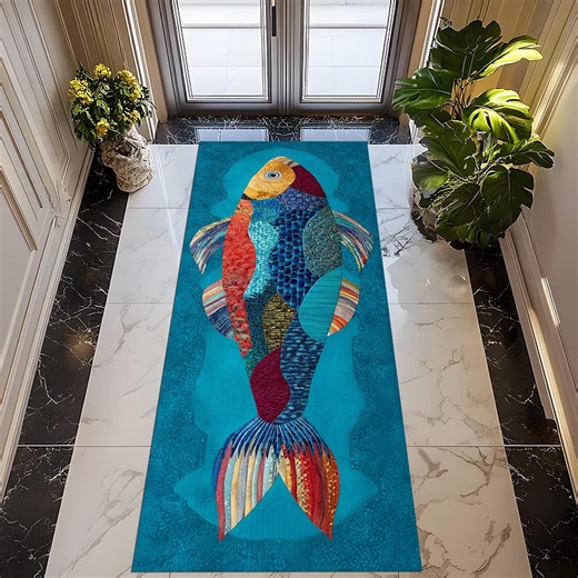 Marine Patchwork Fish Runner Rug: Turquoise Blue Mosaic Carpet, Nautical Ocean Theme, Artistic Coastal Decor - Etsy