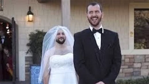 Best man pranks groom by dressing as bride during first look