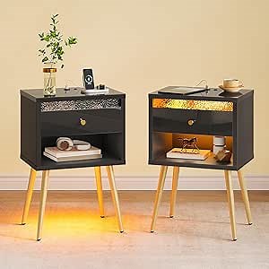 Nightstands Set of 2, LED Night Stand with Charging Station, Bedside Tables with Drawer and Open Storage, End Table with Storage for Bedroom, Black