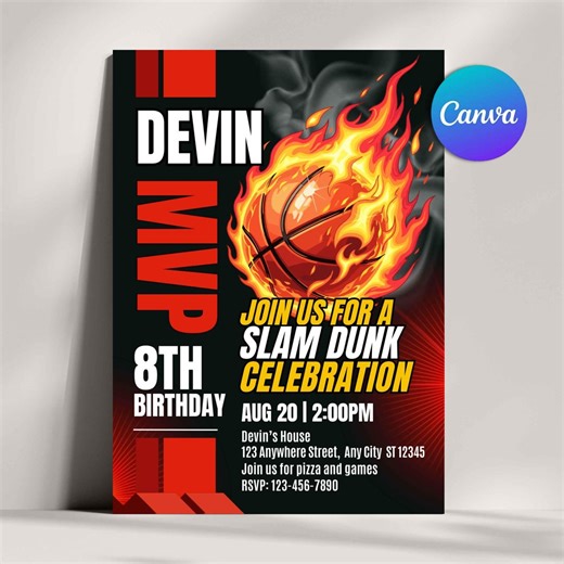 Basketball Birthday Invitation, Basketball Invitation, Sports Birthday Invite, Editable Canva Template, Boys Party Invite, Instant Download - Etsy