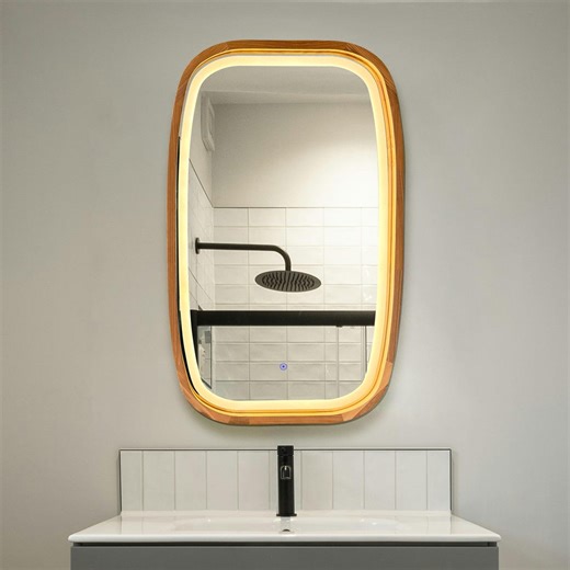 Rounded Rectangle LED Bathroom Mirror, Solid Wood Frame, Warm Backlit Vanity Mirror, Modern Organic Wall Mirror, Touch Sensor - Etsy