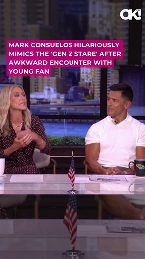 570K views · 1.9K reactions | We can always count on Mark Consuelos for a laugh!  He revealed what happened when a young fan hit him with the infamous ‘Gen Z stare.’ Link below for details! (: LIVE WITH KELLY AND MARK) https://okmagazine.com/p/mark-consuelos-mimics-gen-z-stare-awkward-encounter-young-fan-video/ | OK! Magazine | Facebook