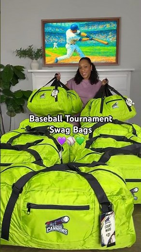 Baseball tournament swag bags 💜💚⚾️ #baseballtournament #swagbag #worldseries