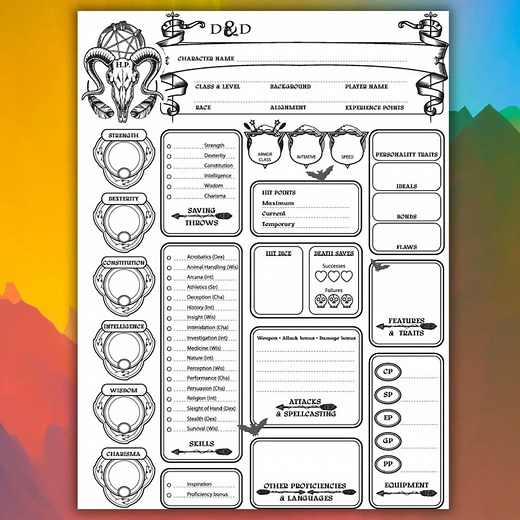 Dnd 5e Character Sheet PDF | Blank Character-based Dnd Character Sheet | Printable Dungeons & Dragons Player Sheet - Etsy