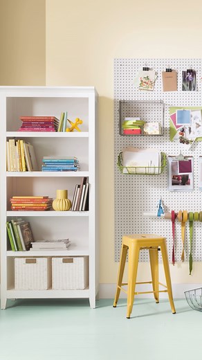 Dress (your space) for success. Frame up your workspace with a two-tone painted accent wall and let the creative magic flow. Get the project tutorial here: https://bit.ly/473w4Mf Featured paint colors, available at Menards: Wall: Saving Beige (317-3DB) Accent: Intrigued Ivory (314-1DB) Floor: Minted Ice (130-2DB) | Dutch Boy Paint | Facebook