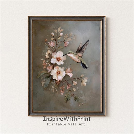Hummingbird Floral Printable Art, Soft Cottagecore Bird Wall Art, Neutral Romantic Flower Painting, Moody Spring Farmhouse Digital Download - Etsy