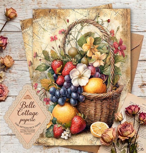 Vintage Fruit Basket Rice Paper for Decoupage | Cottagecore Mulberry Paper | Rustic Floral Fruit Craft Sheet | Farmhouse Kitchen Art - Etsy