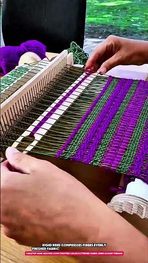 Tabletop Hand Weaving Loom Creating Color Patterned Fabric Using 24 Warp Threads
