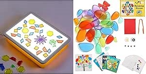 Bright LED Light Box - Light Table for Kids, 36 Pcs Translucent Pebbles - Color & Light Discovery, Artistic Exploration and Creative Play (Yellow，Lightbox Only)