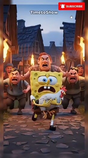 OMG‼️ Angry Villagers Chase SpongeBob for Stealing a Chicken⁉️🐔 #shortvideo #spongebob